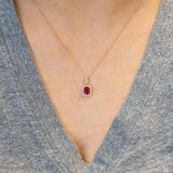 Shobha Solid 14k Gold Ruby Pendant with Attached Chain, Natural Diamond Halo, 6x4mm