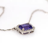 Aishee 14K White Gold AAA Tanzanite and Diamond Halo Pendant Necklace | EM 7x5mm | Attached Chain