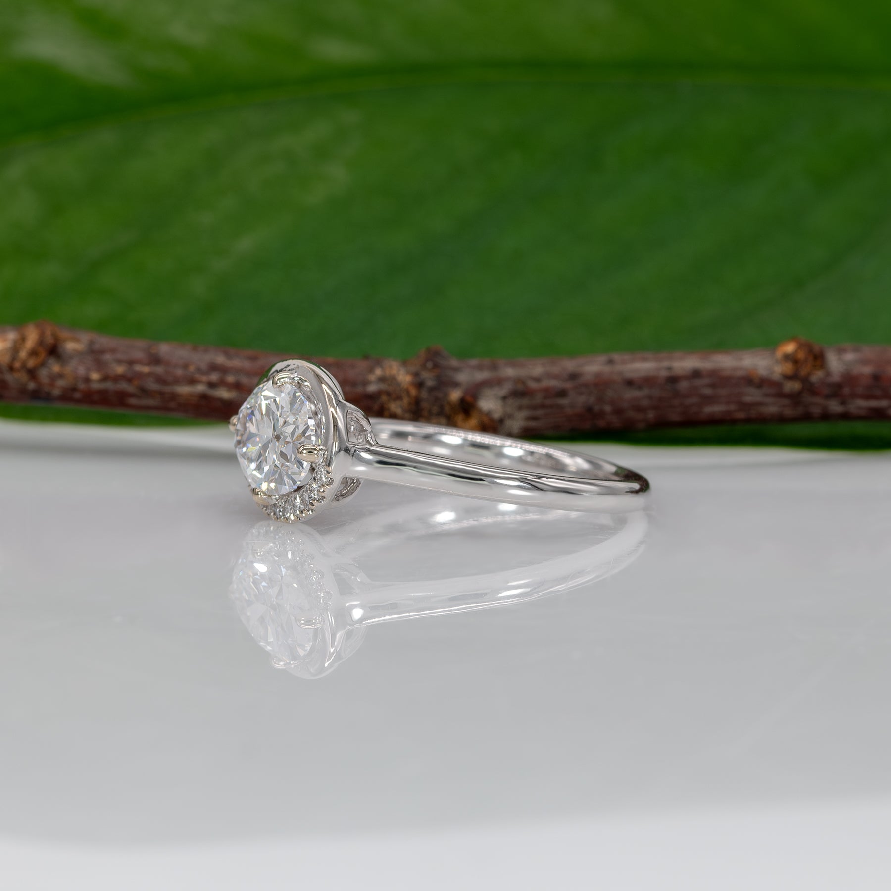 14K white gold oval lab grown diamond ring with diamond accents