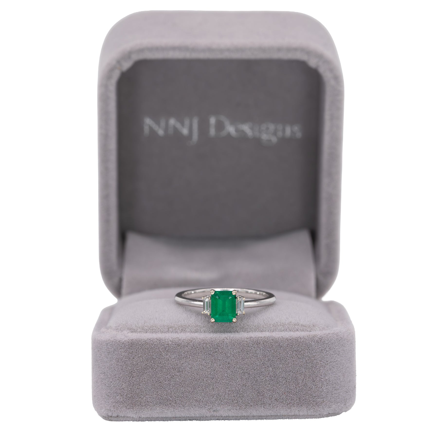 14K white gold Colombian emerald ring with diamond accents