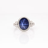Tova Solid 14k White Gold Star Sapphire Ring with Natural Diamonds Accents, Oval 11x9mm