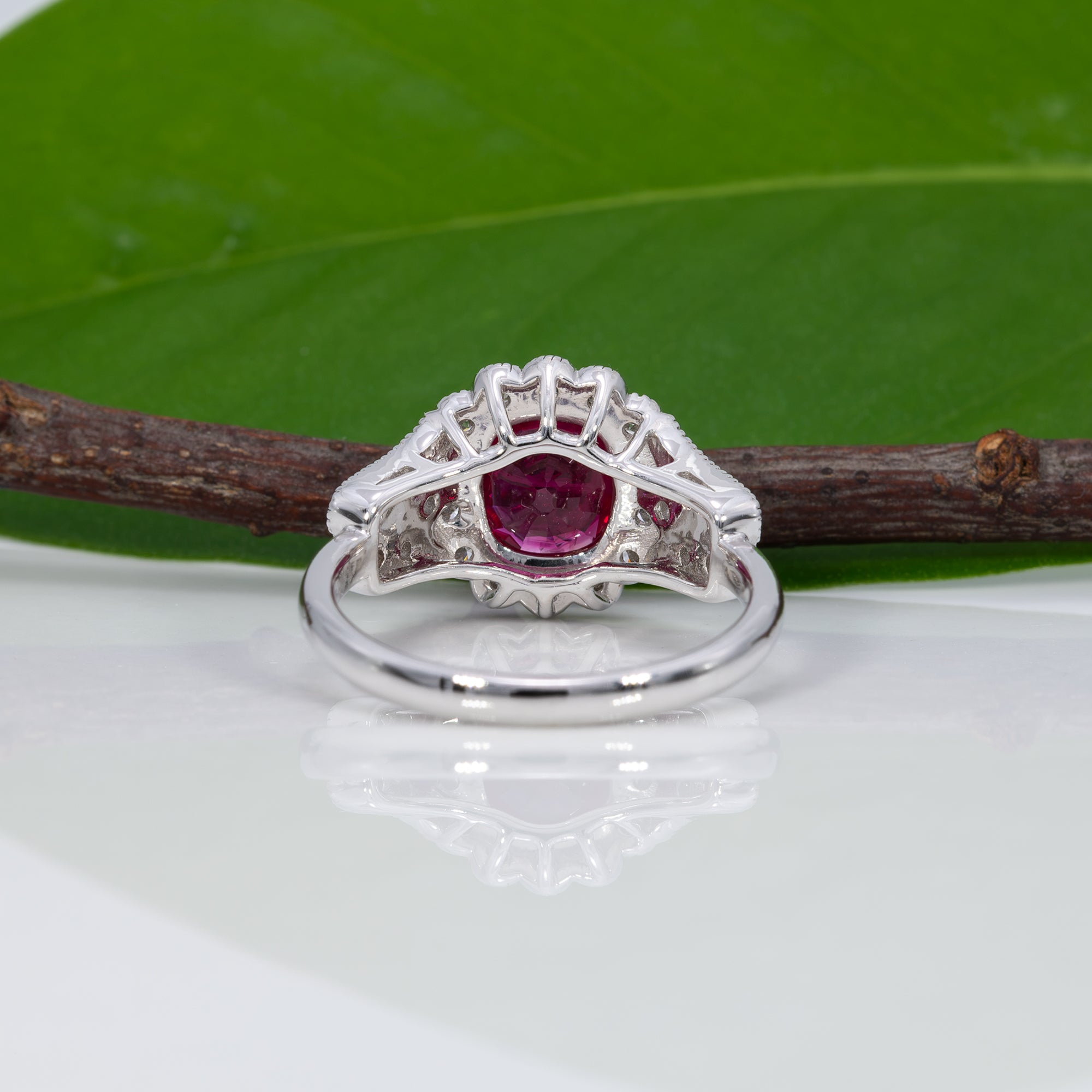 14K white gold Burma ruby ring with diamond accents