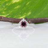 14K white gold red spinel ring with diamond halo