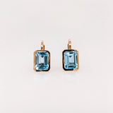 Solitaire Swiss Blue Topaz Drop Earrings in 14k Solid Gold | Emerald Cut | Customizable