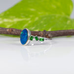 14K white gold boulder opal cabochon ring with tsavorite accents