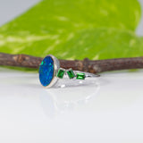 14K white gold boulder opal cabochon ring with tsavorite accents
