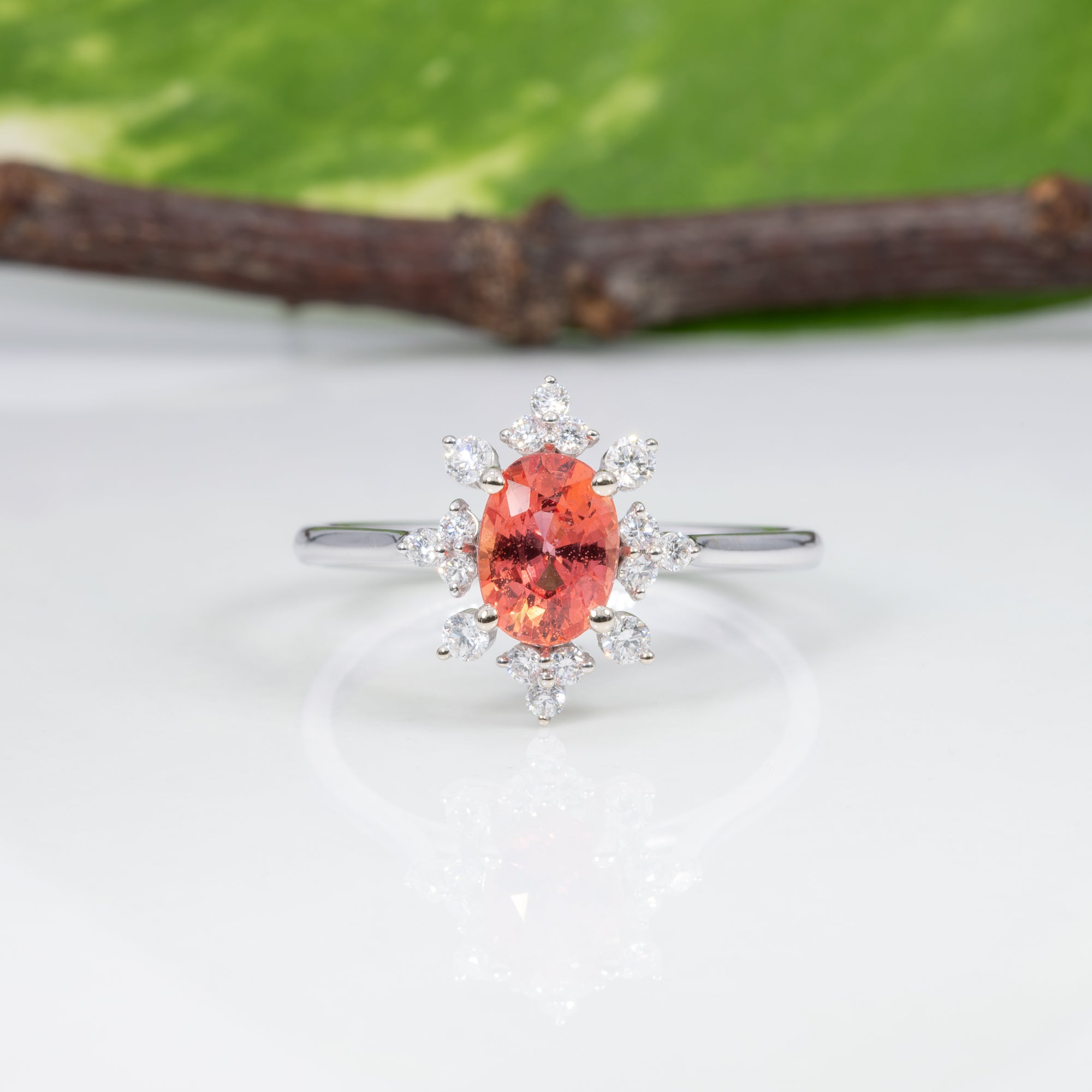 14K white gold padparadscha sapphire ring with diamond accents