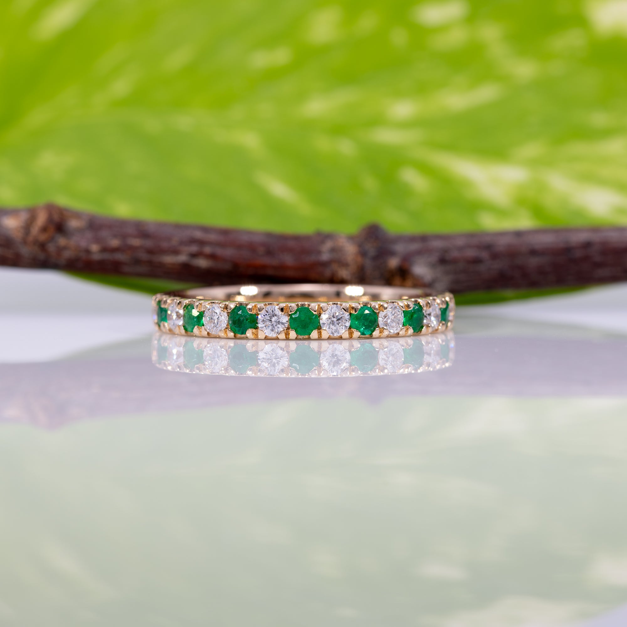 14K yellow gold diamond and emerald band ring