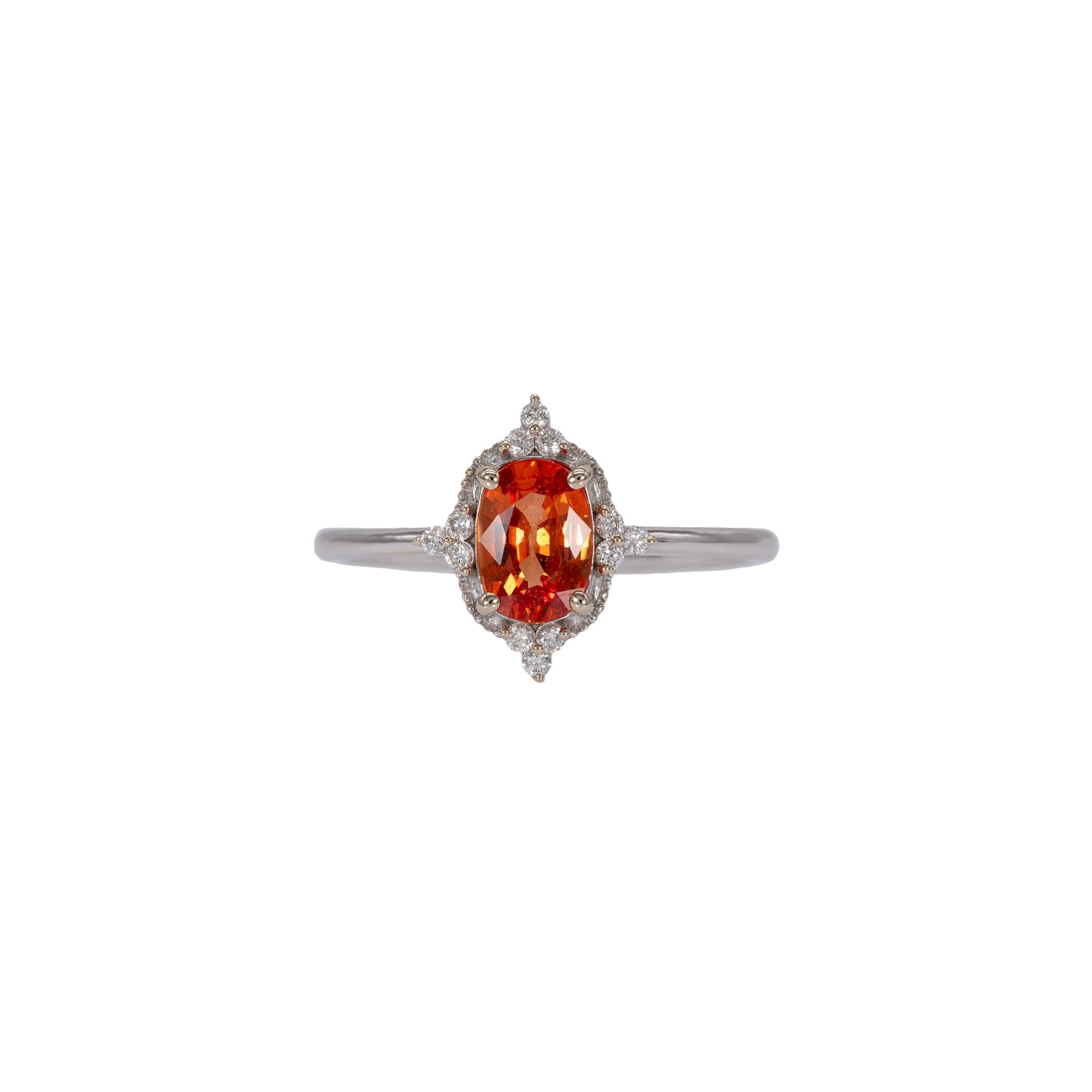 14K white gold padparadscha sapphire ring with diamond halo