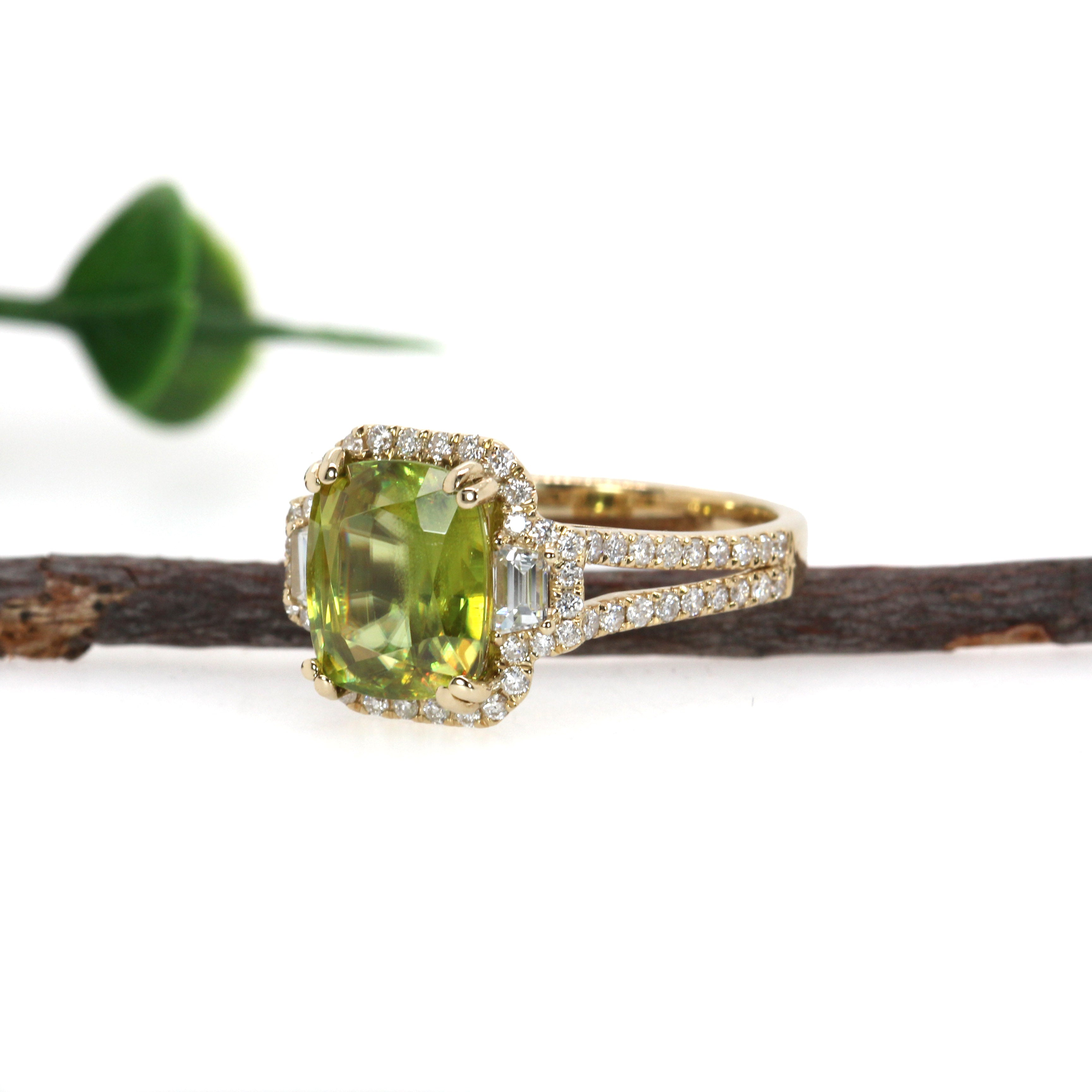 Adhya 14K Yellow Gold 3.63cts Sphene Diamond Ring | Cushion Cut 9x7mm