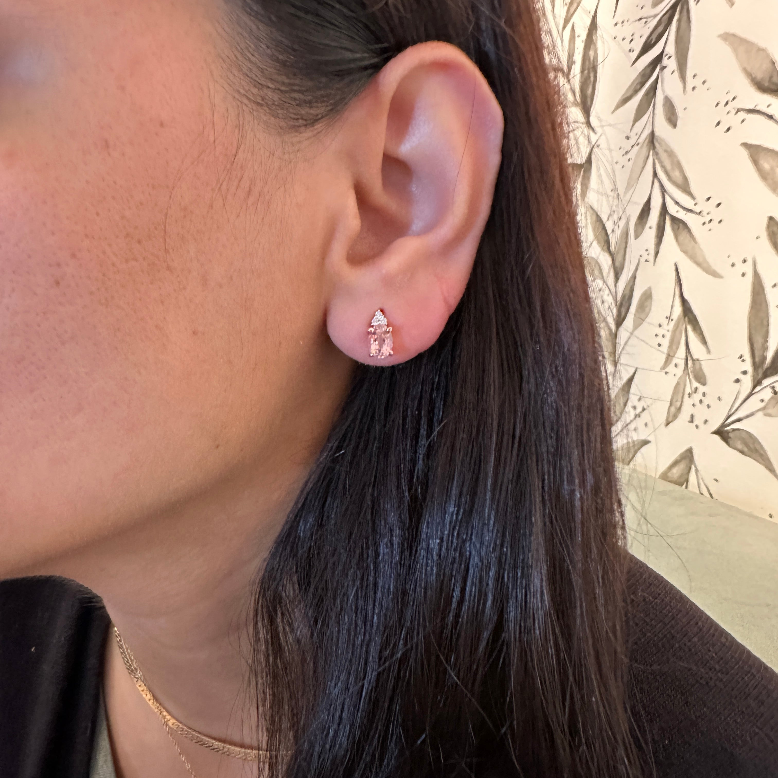 Stud Earrings-Pink Morganite and Diamond Earring Studs in Solid 14K Rose Gold | Oval 7x5mm | Pink Gemstone Studs | Daily Wear | Cor de Rosa |Ready to Ship - NNJGemstones