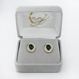 Emerald Stud Earrings w Earth Mined Diamonds in Solid 14K Yellow Gold | Oval 8x6