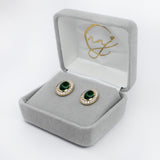 Emerald Stud Earrings w Earth Mined Diamonds in Solid 14K Yellow Gold | Oval 8x6