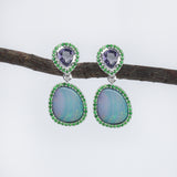 dazzle boulder opal w purple sapphires & tsavorites 14k white gold  drop earrings