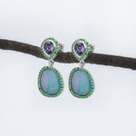 dazzle boulder opal w purple sapphires & tsavorites 14k white gold  drop earrings