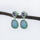 dazzle boulder opal w purple sapphires & tsavorites 14k white gold  drop earrings