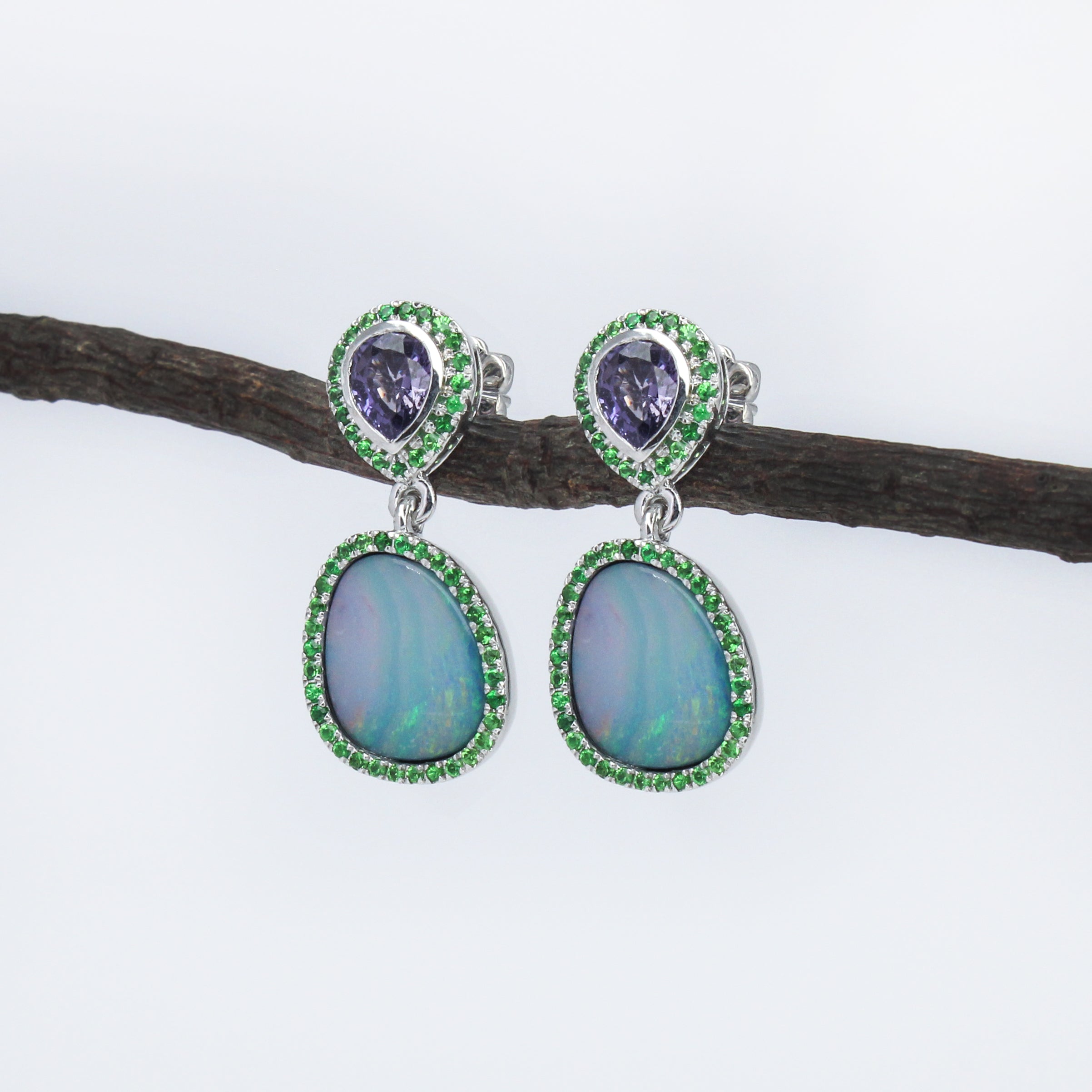 dazzle boulder opal w purple sapphires & tsavorites 14k white gold  drop earrings