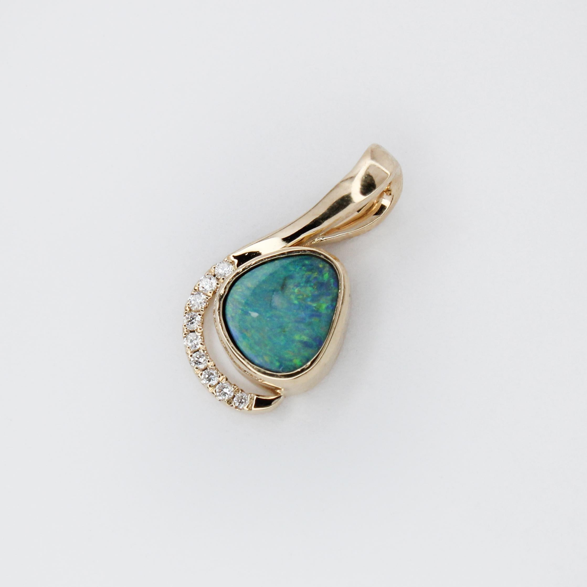 Boulder Opal Pendant w Earth Mined Diamonds in Solid 14K Gold | Fancy 6.7x5mm