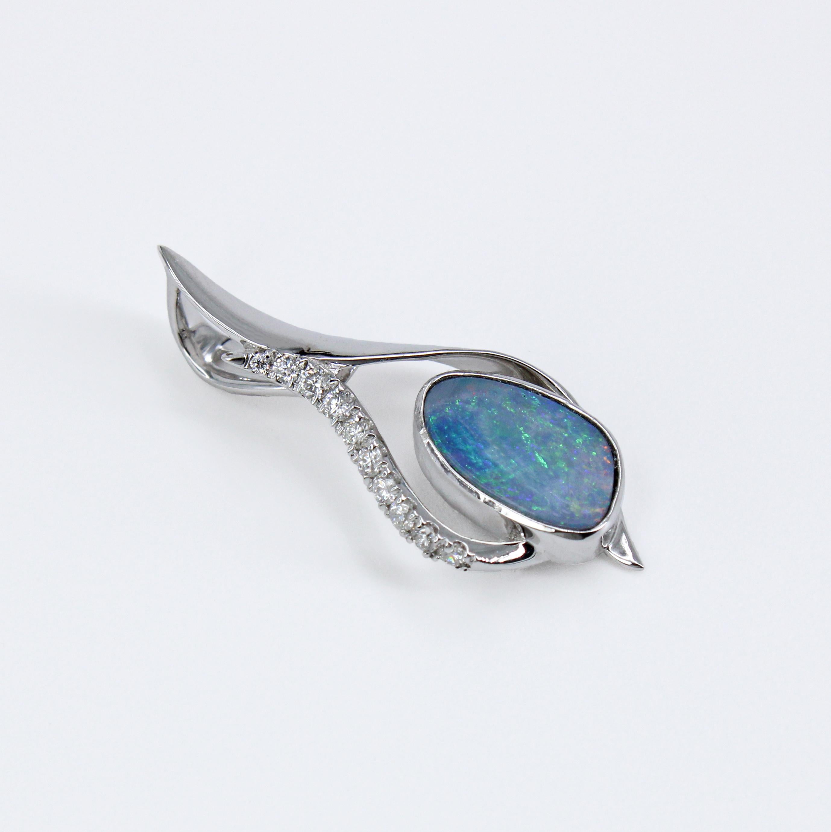 Boulder Opal Pendant w Earth Mined Diamonds in Solid 14K White Gold | Fancy 10x7