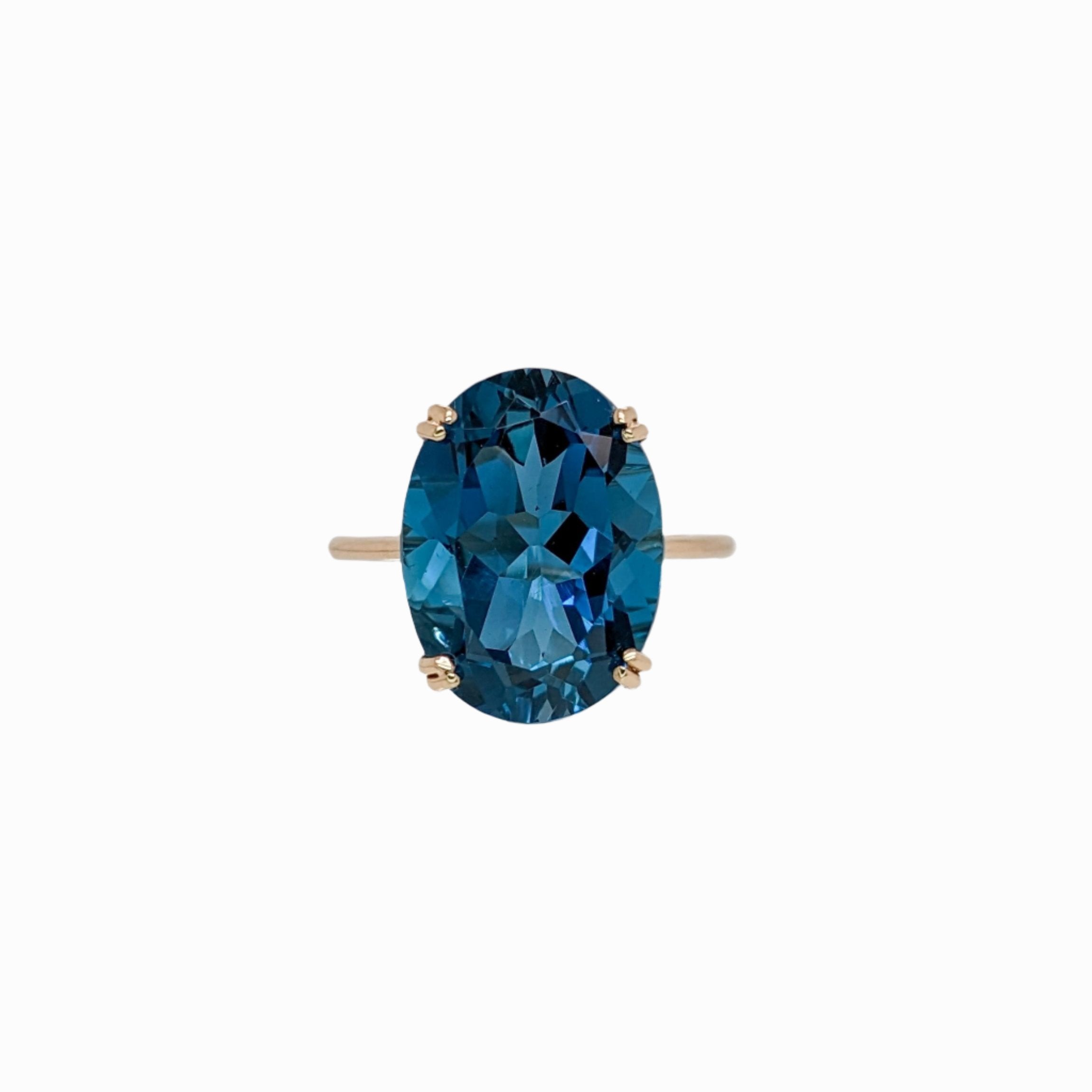 10ct Solitaire London Blue Topaz Ring in Solid 14K Yellow Gold | OV 14x11mm