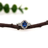 Royal Blue Sapphire Ring w Natural Diamond Halo in Solid 14k White Gold | Oval 7x5mm