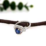 Royal Blue Sapphire Ring w Natural Diamond Halo in Solid 14k White Gold | Oval 7x5mm