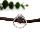 Royal Blue Sapphire Ring w Natural Diamond Halo in Solid 14k White Gold | Oval 7x5mm