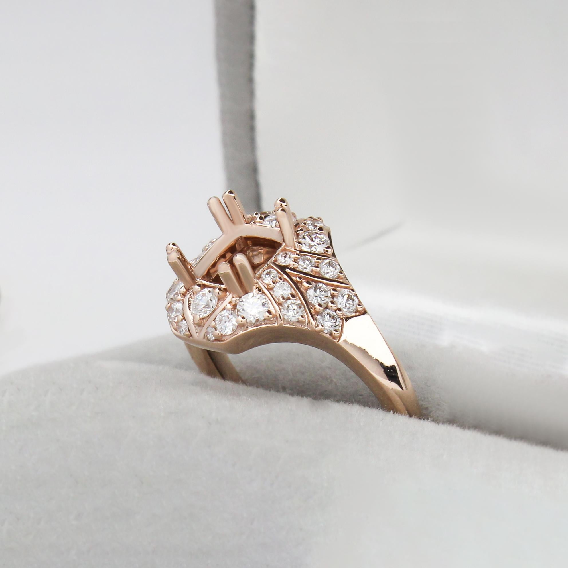 Ring Semi Mount w Earth Mined Diamonds in Solid 14K Gold | Cushion 6mm