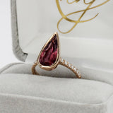 Tourmaline Ring w Earth Mined Diamonds in Solid 14K Rose Gold | Pear 16x7mm