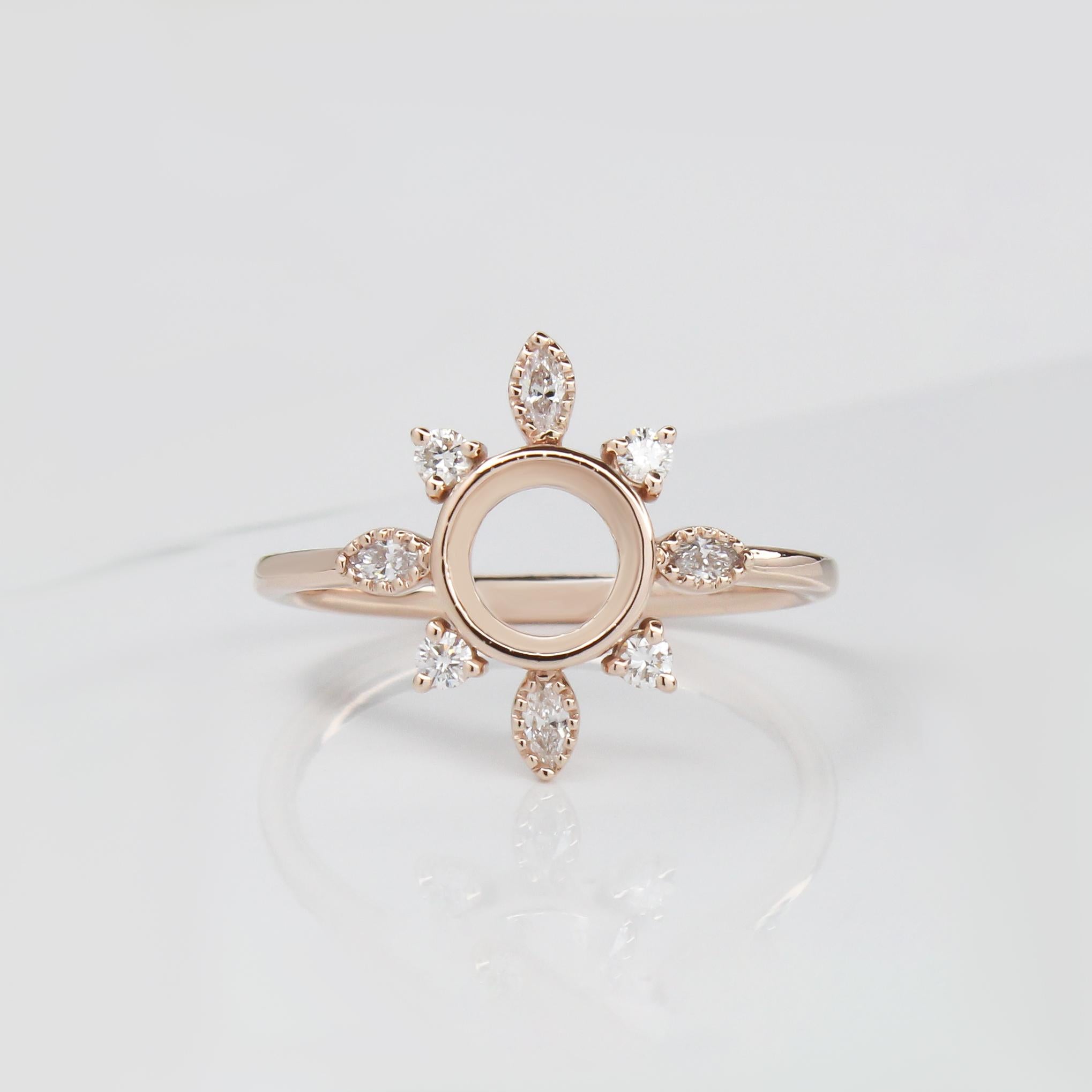 Ring Semi Mount w Earth Mined Diamonds in Solid 14K Gold | Round 6mm