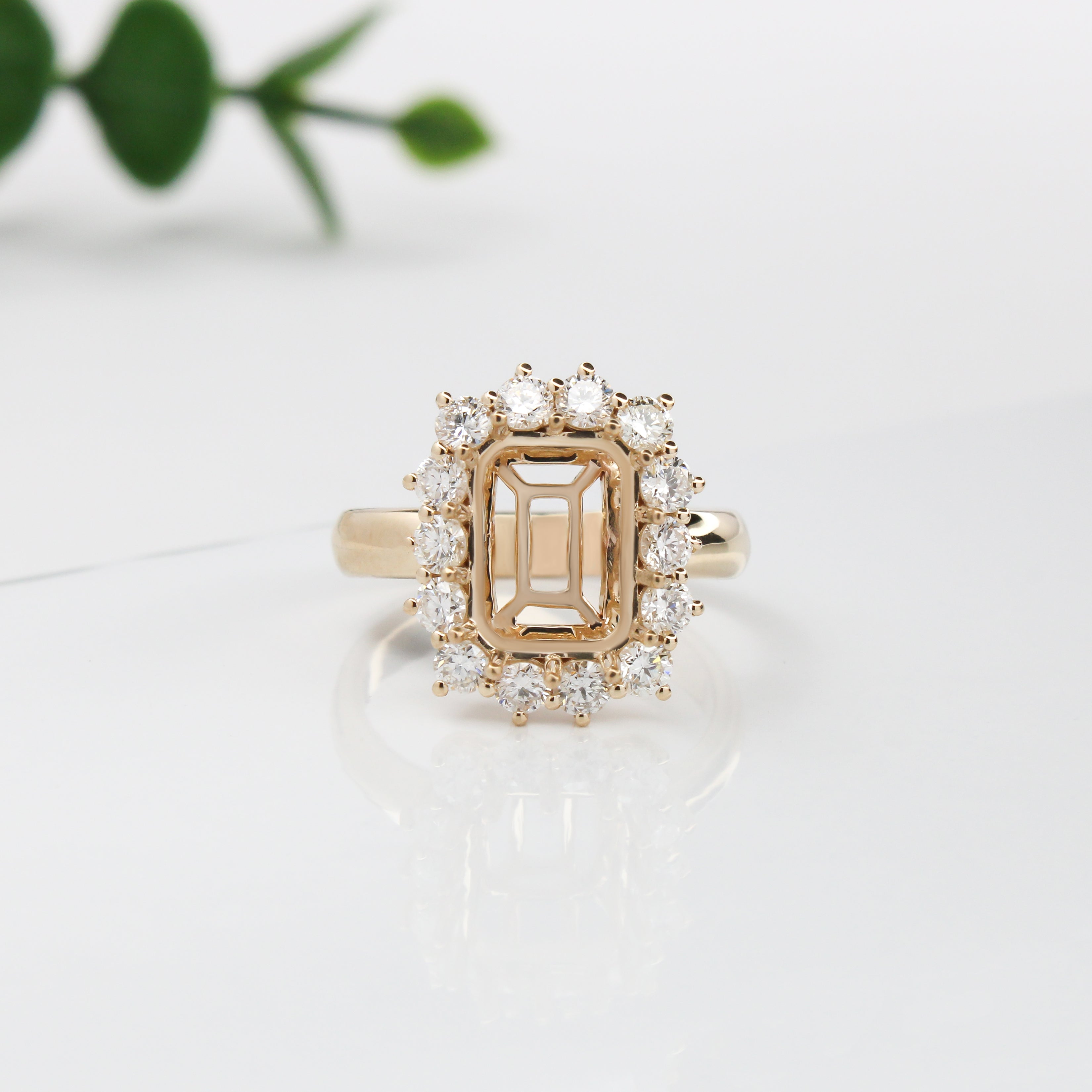 Ring Semi Mount w Earth Mined Diamonds in Solid 18K Gold | Emerald cut 9x7mm