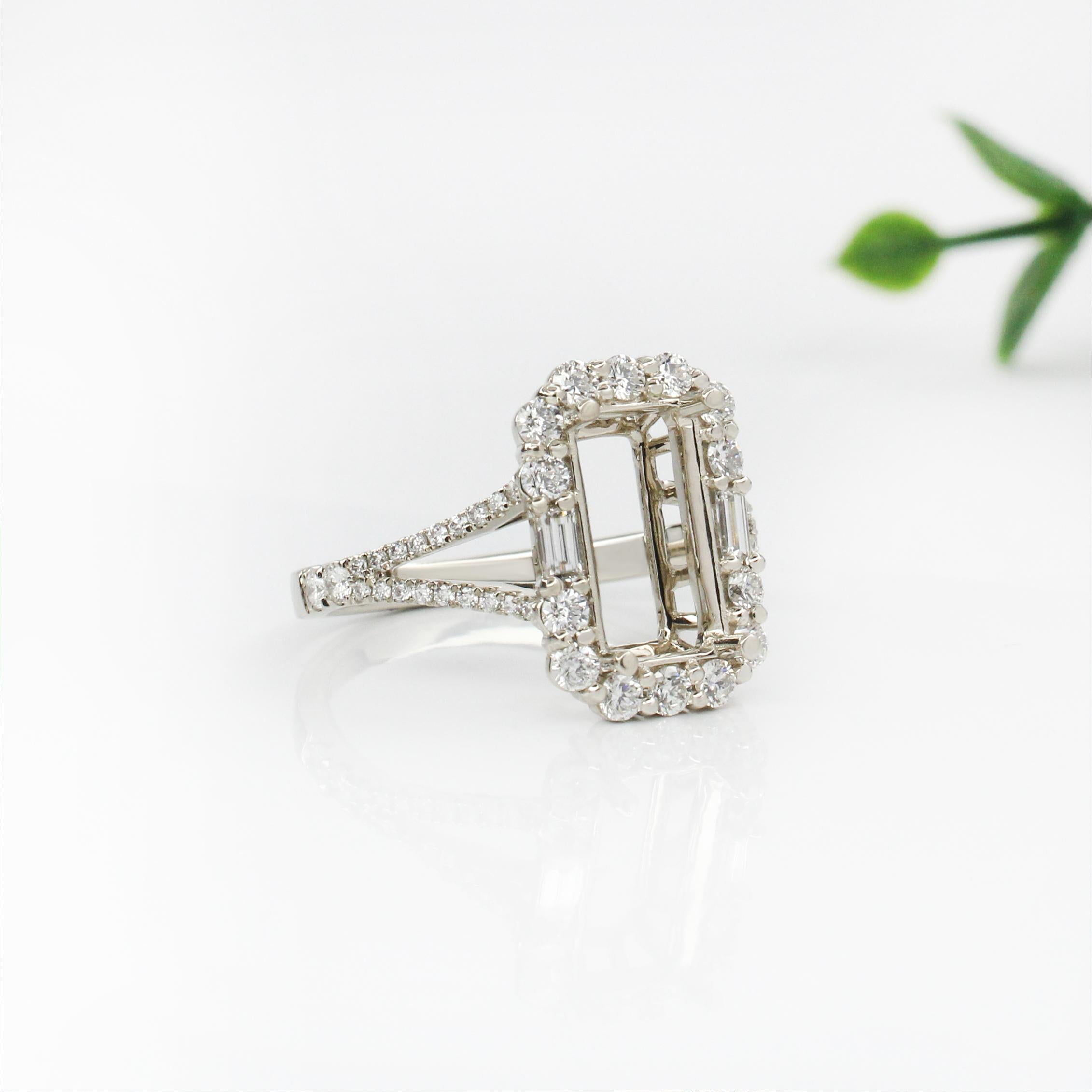 Statement Ring Semi Mount w Earth Mined Diamonds in Solid 14K Gold | Emerald Cut