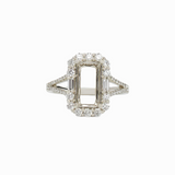 Split Shank Ring Semi Mount w Round & Baguette Diamonds in Solid 14K Gold | Emerald Cut