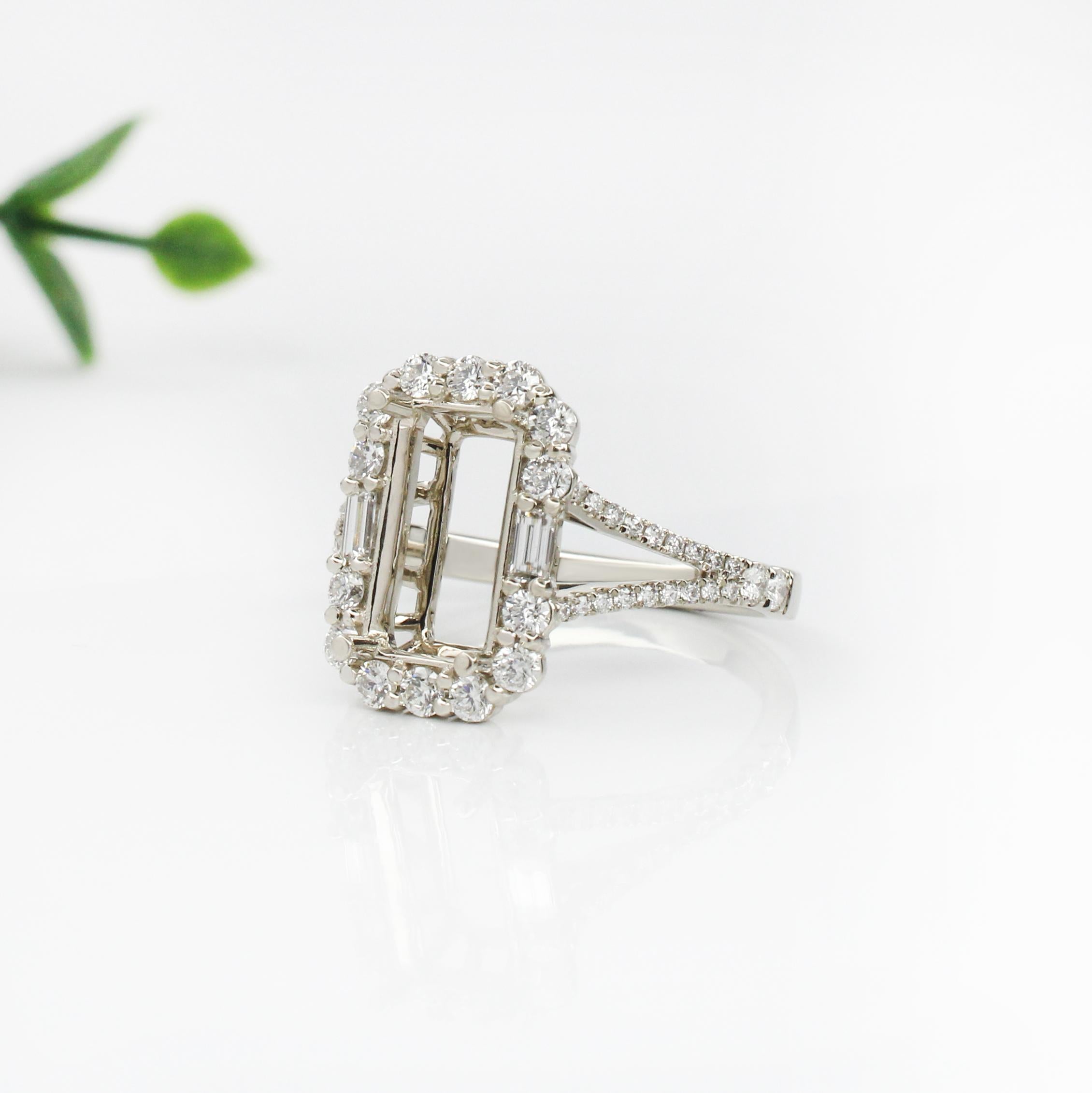 Statement Ring Semi Mount w Earth Mined Diamonds in Solid 14K Gold | Emerald Cut