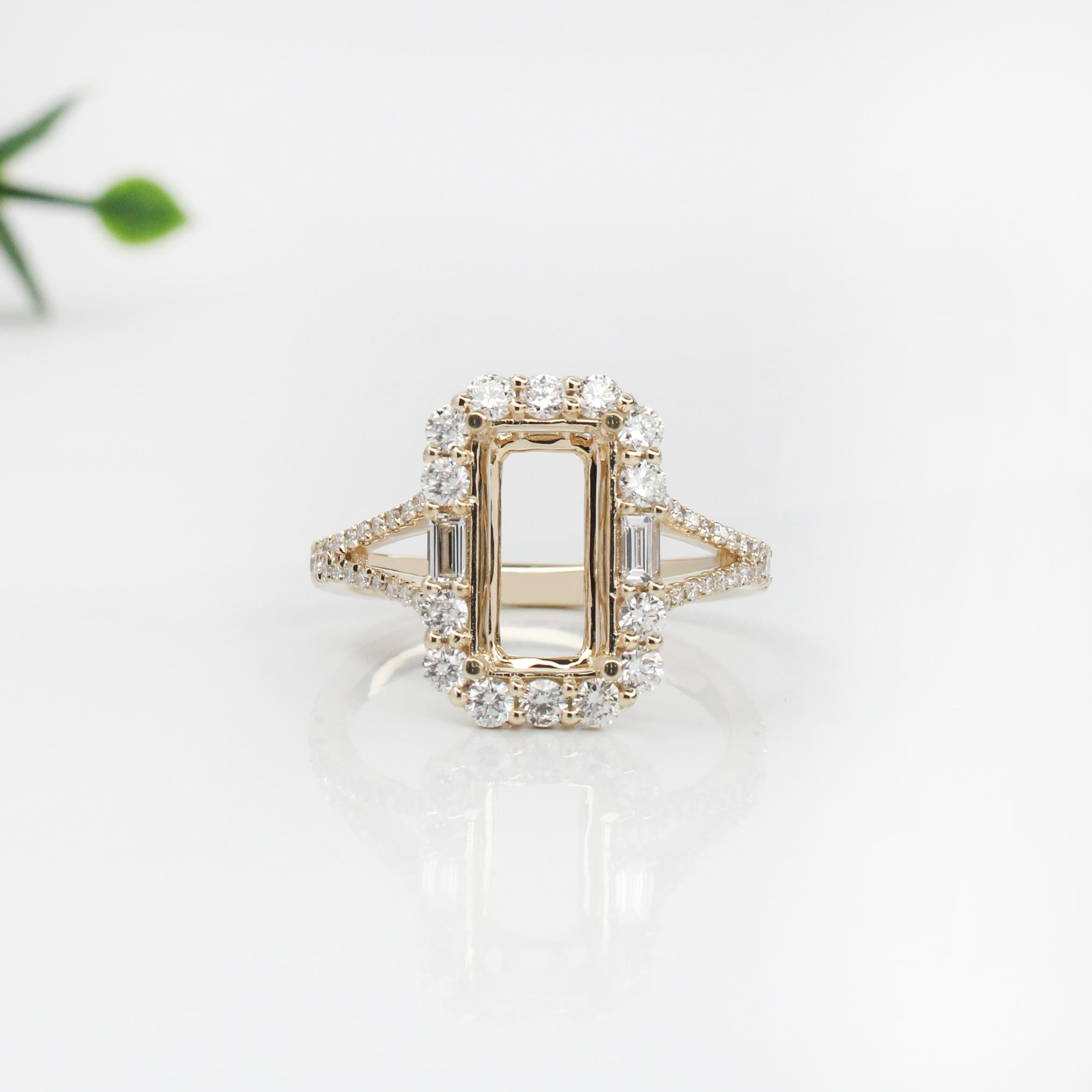 Statement Ring Semi Mount w Earth Mined Diamonds in Solid 14K Gold | Emerald Cut