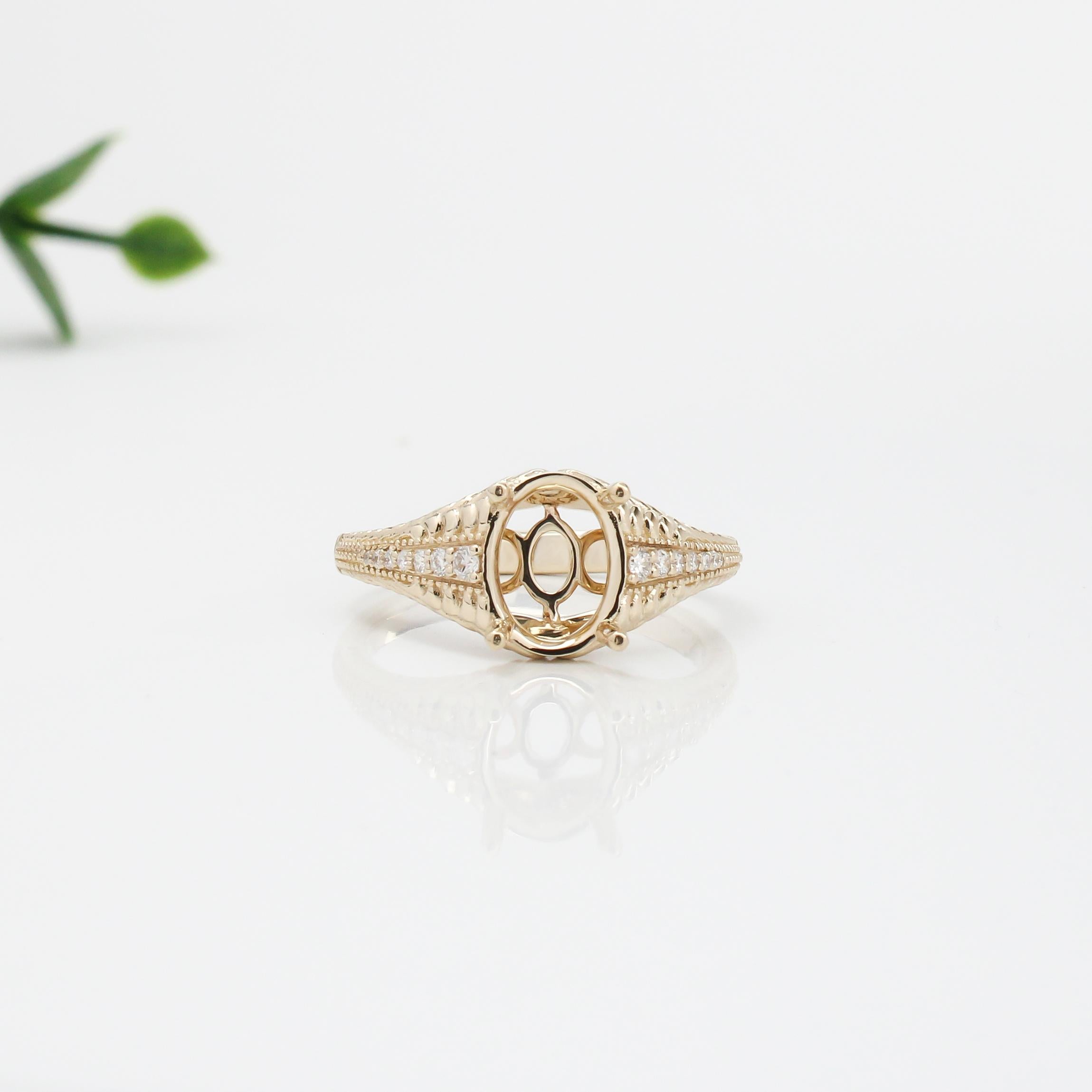 Statement Oval Ring Semi Mount w Diamonds and Milgrain Details in 14K Solid Gold