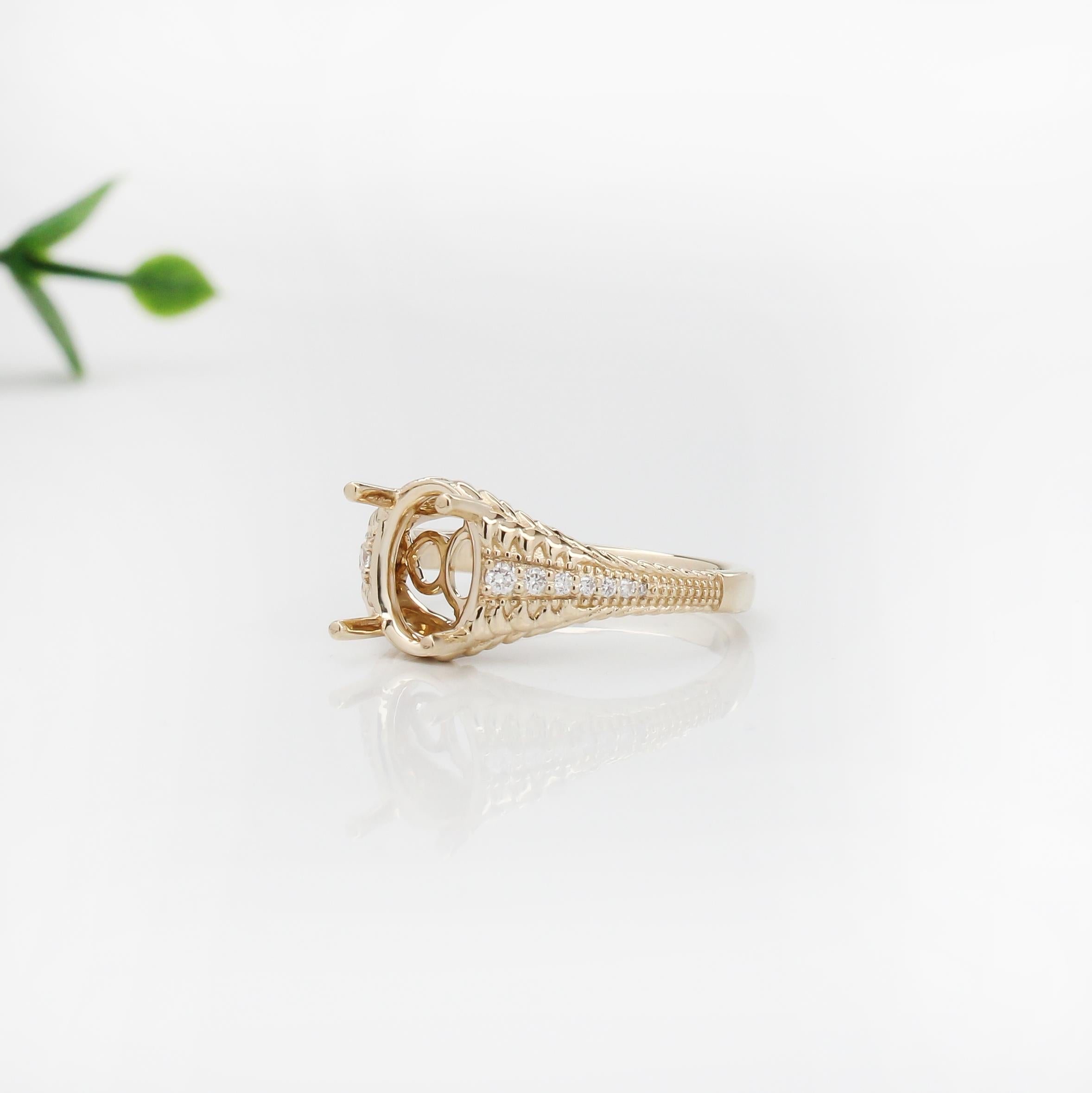 Statement Oval Ring Semi Mount w Diamonds and Milgrain Details in 14K Solid Gold