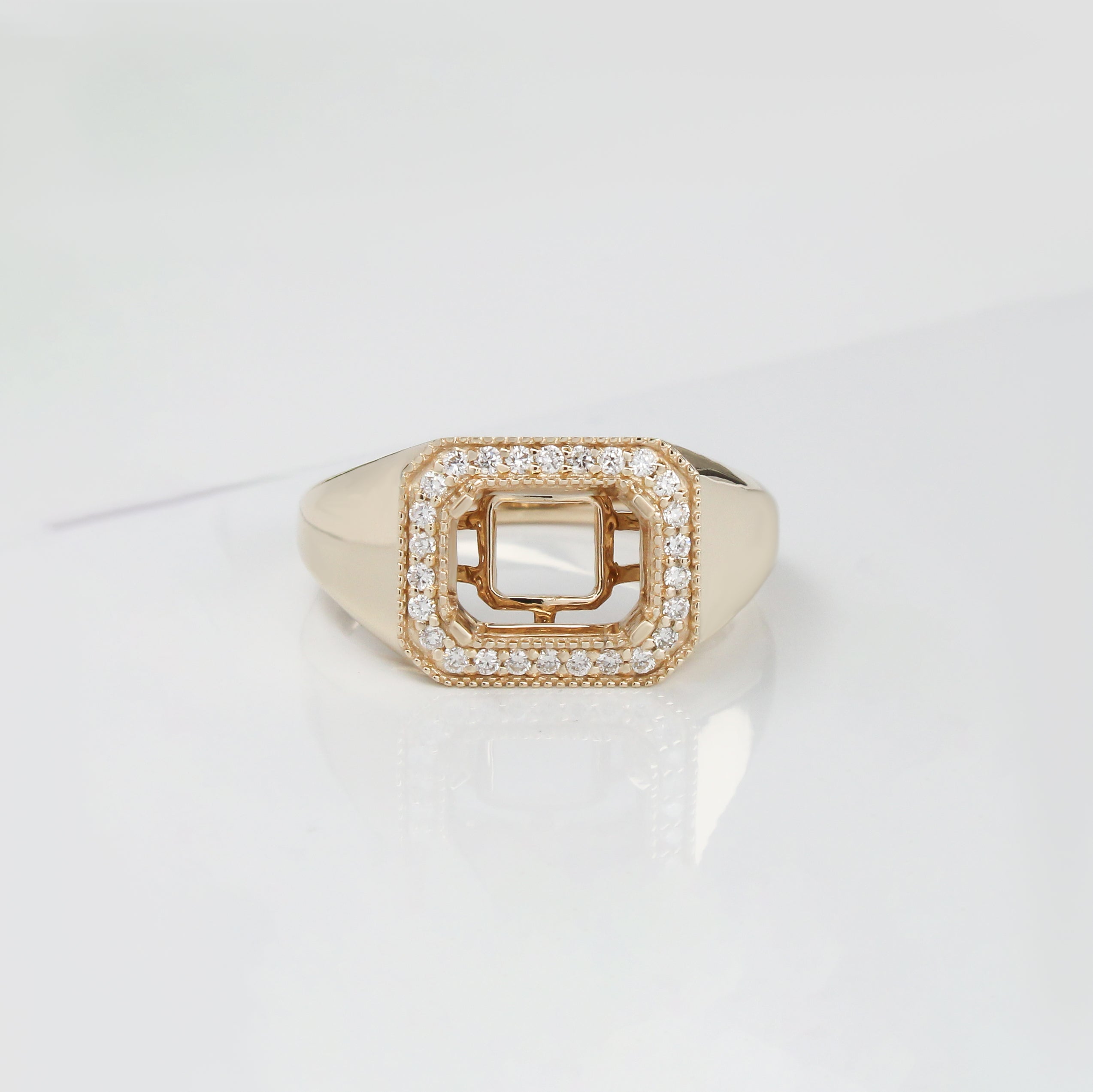 Ring Semi Mount w Earth Mined Diamonds in Solid 14K Gold | Emerald Cut 8x6mm