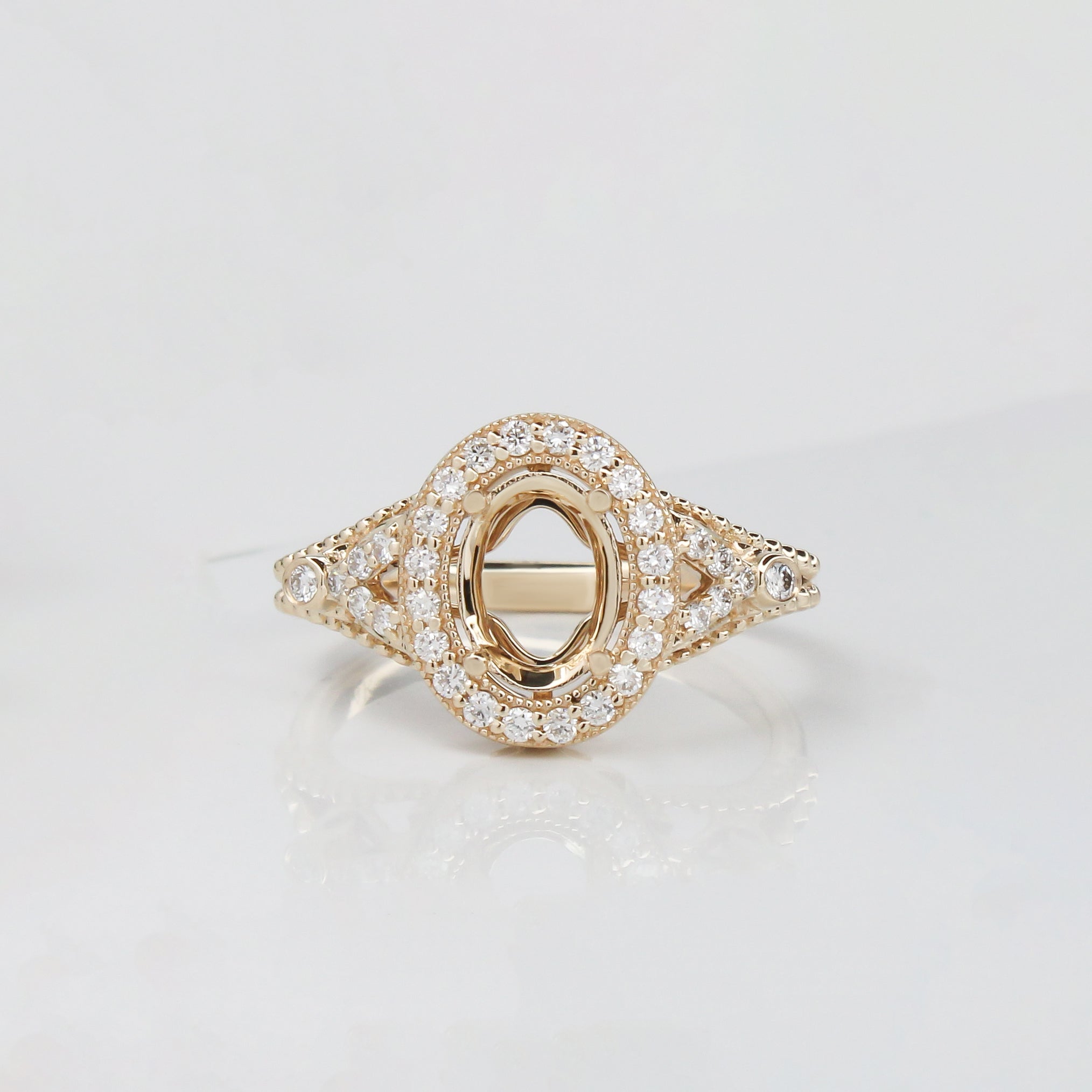 Ring Semi Mount w Earth Mined Diamonds in Solid 14K Gold | Oval 8x6mm