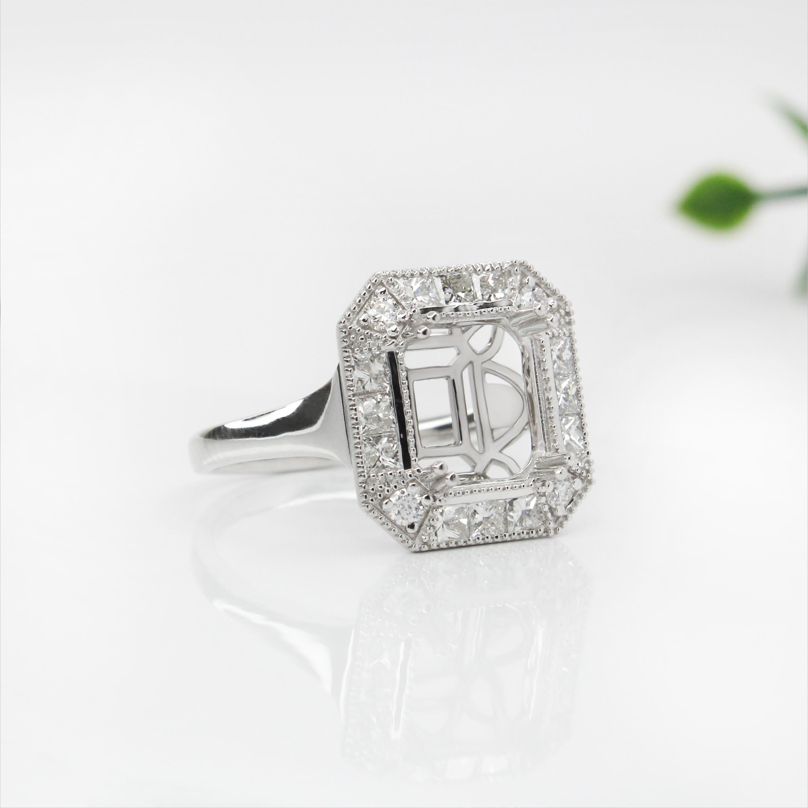 Art Deco Ring Semi Mount w Diamonds and Milgrain in 14K Solid Gold | Emerald Cut