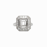 Art Deco Ring Semi Mount w Diamonds and Milgrain in 14K Solid Gold | Emerald Cut