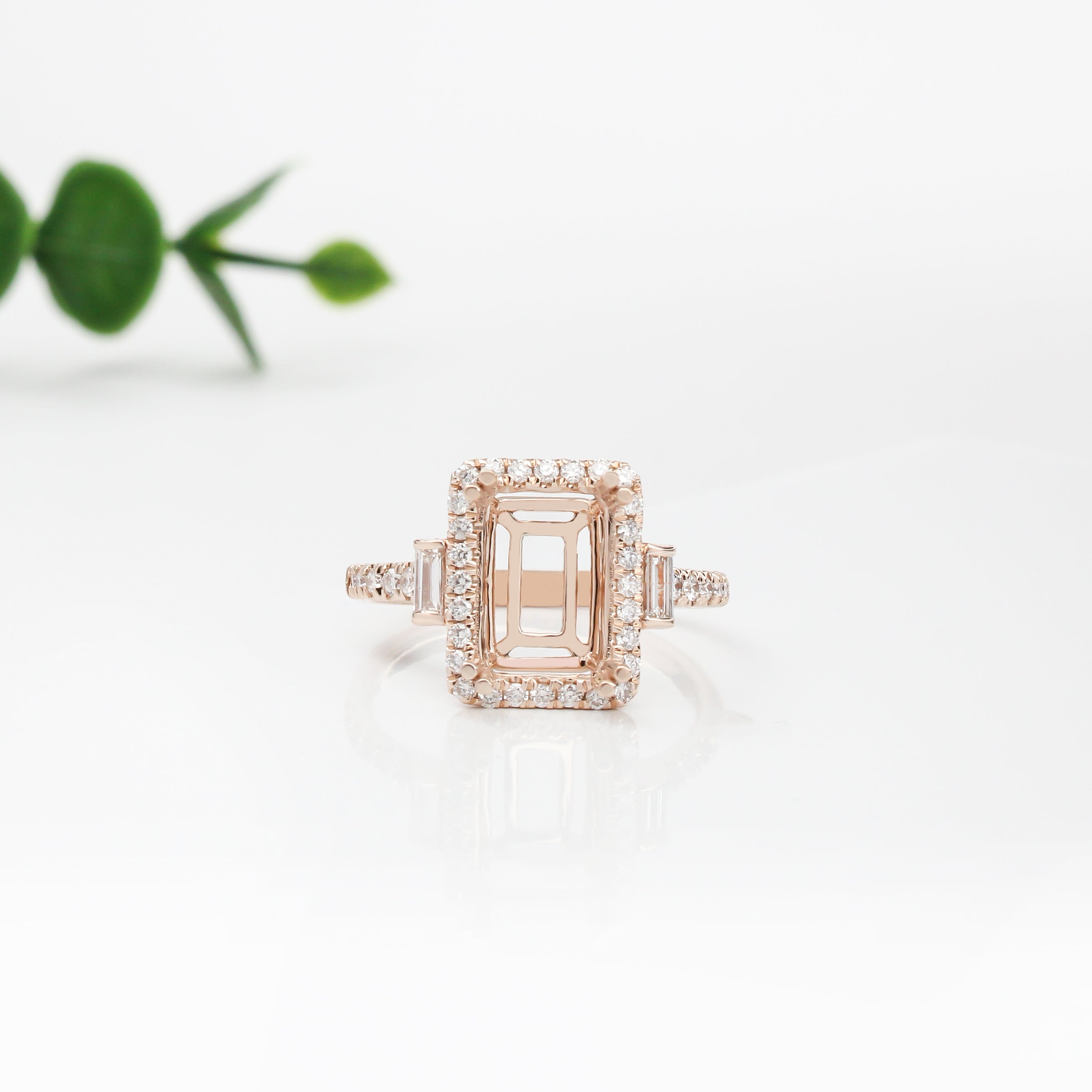 Ring Semi Mount w Earth Mined Diamonds in Solid 14K Gold | Emerald Cut