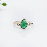 1.3ct Emerald Ring w Earth Mined Diamonds in Solid 14K Yellow Gold | Pear 9x6mm