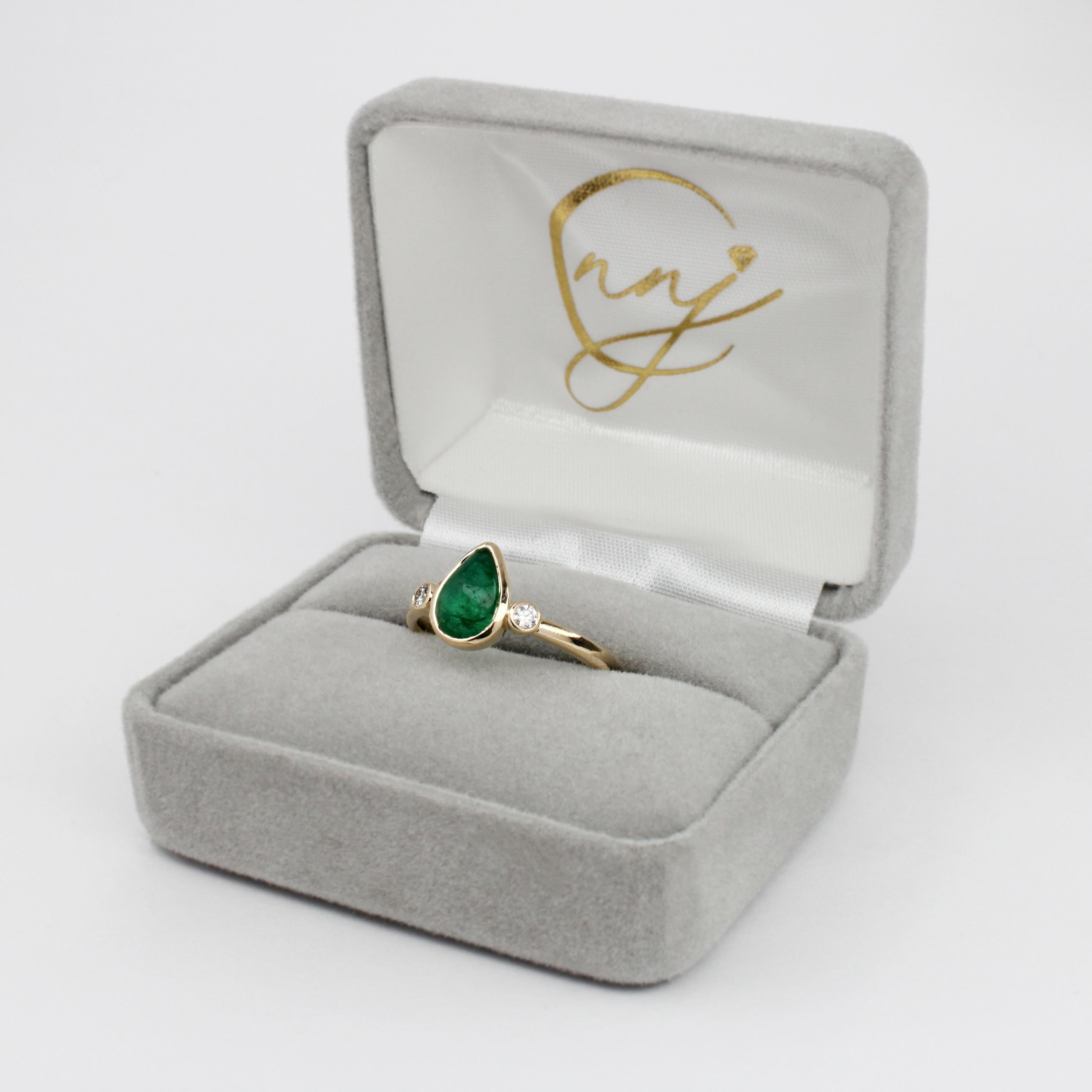 1.3ct Emerald Ring w Earth Mined Diamonds in Solid 14K Yellow Gold | Pear 9x6mm