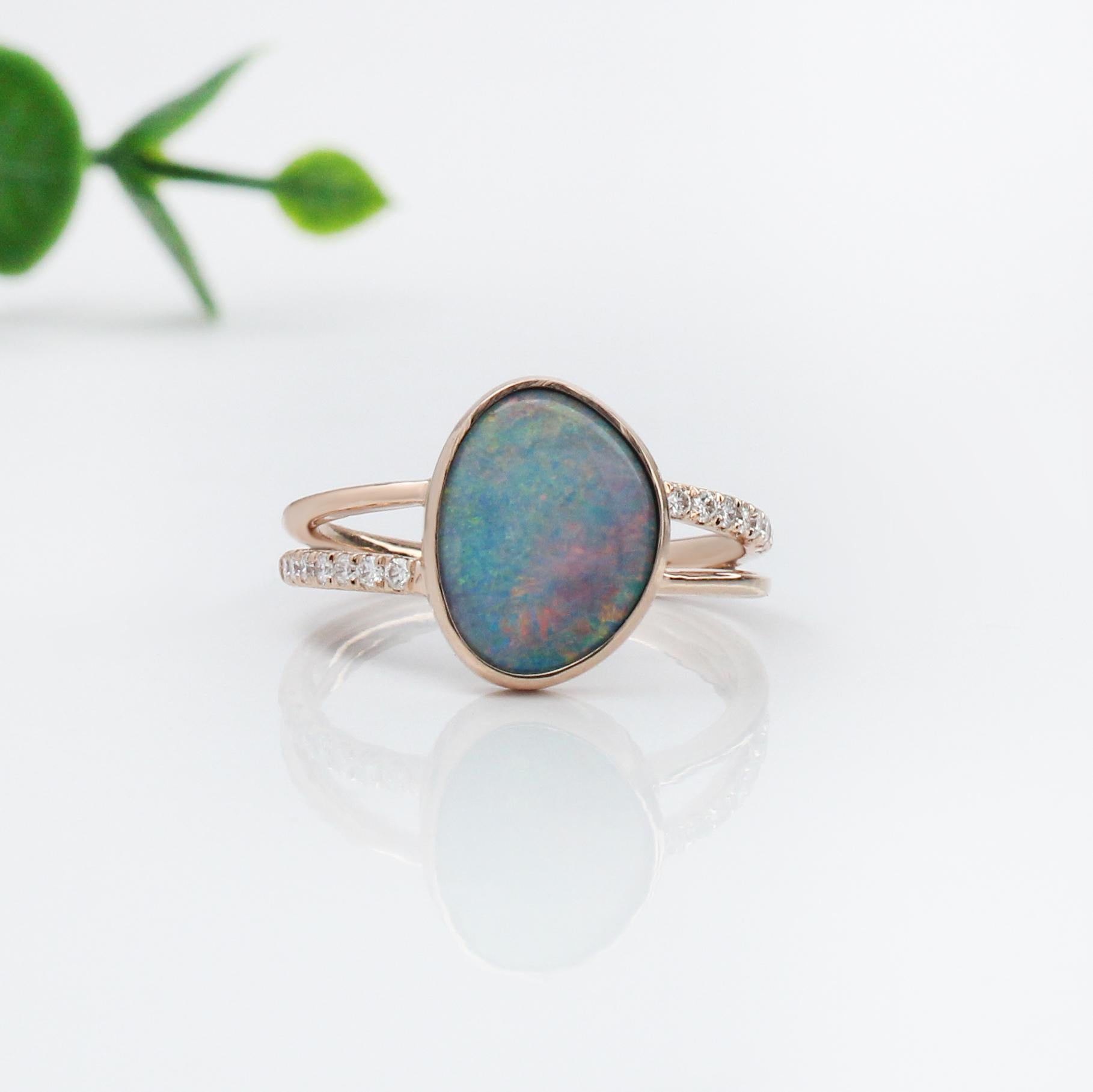 1.8ct Boulder Opal Ring w Earth Mined Diamonds in Solid 14K Gold | Fancy 11x9mm