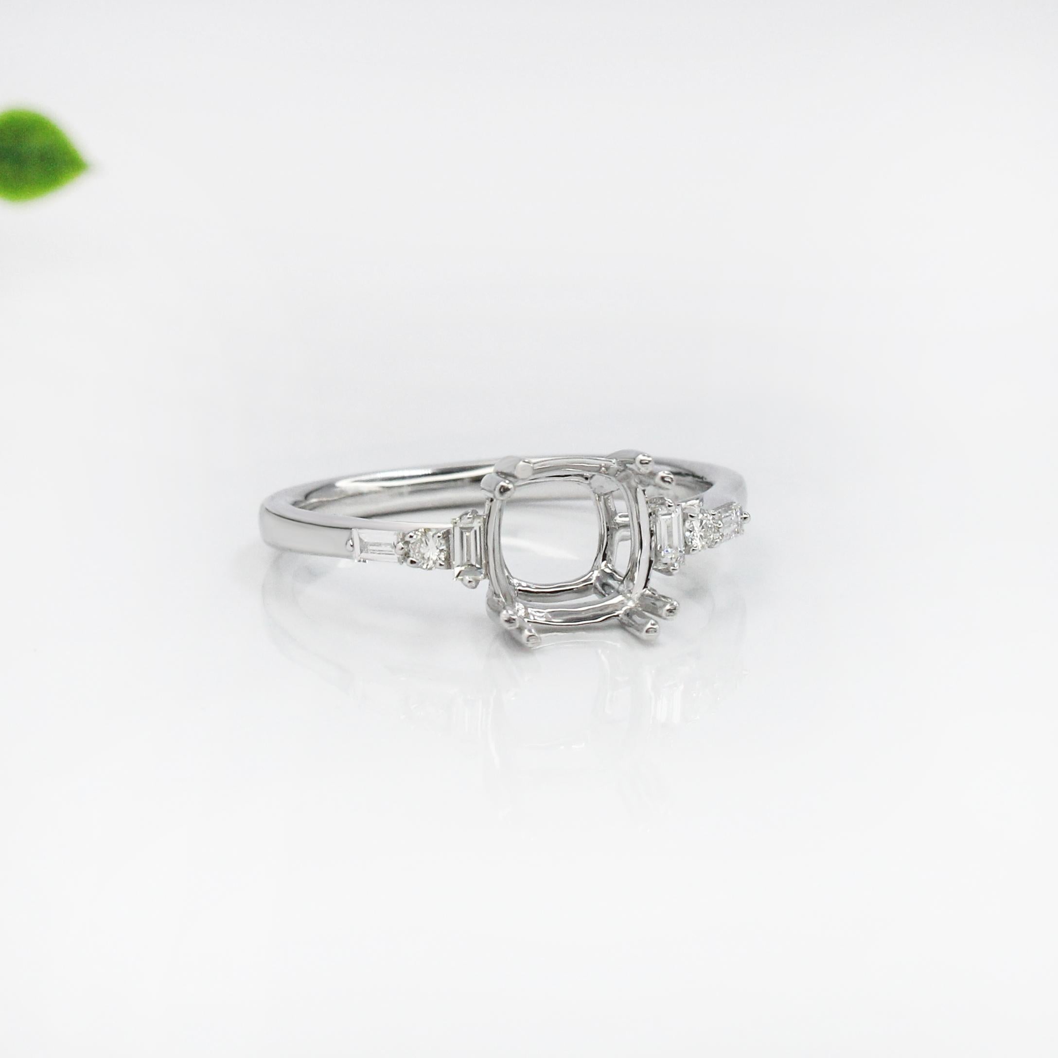 Cushion Ring Semi Mount w Baguette & Round Diamond Accents in Solid 14K Gold