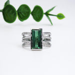 3.7ct Green Tourmaline Ring w Earth Mined Diamonds in Solid 14K Gold | EM 14x7mm