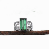 3.7ct Green Tourmaline Ring w Earth Mined Diamonds in Solid 14K White Gold | Emerald Cut 14x7mm