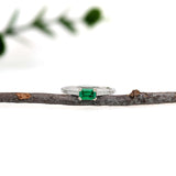 Colombian Emerald Ring w Natural Diamond Pave Shank in Solid 14K White Gold | EM 6x4mm