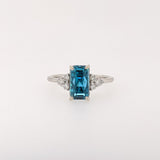 4.2ct Blue Zircon Ring w Earth Mined Diamonds in Solid 14K White Gold | Emerald Cut 9.5x6mm | December Birthstone